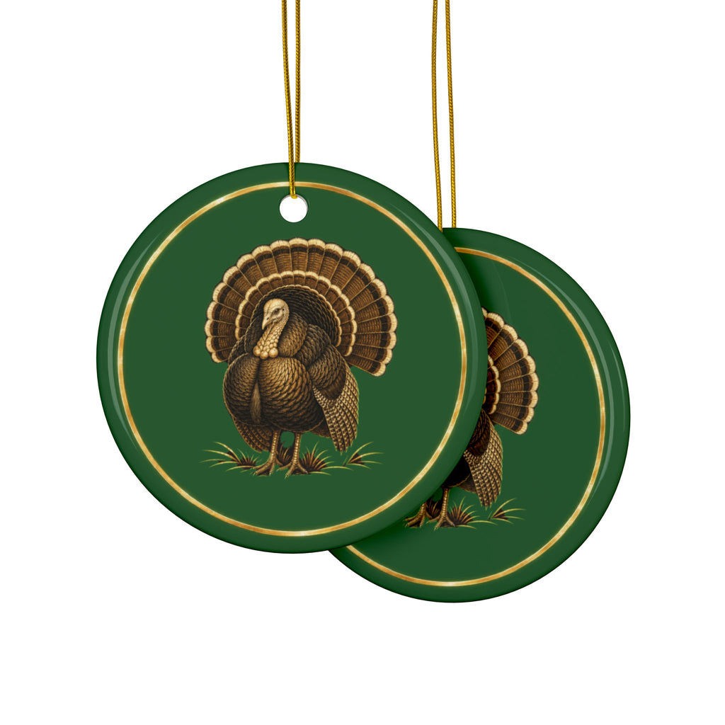 Turkey Ornament, Woodland Creatures Christmas Ornament, Green and Gold Ceramic Ornament, Turkey Hunter Gift