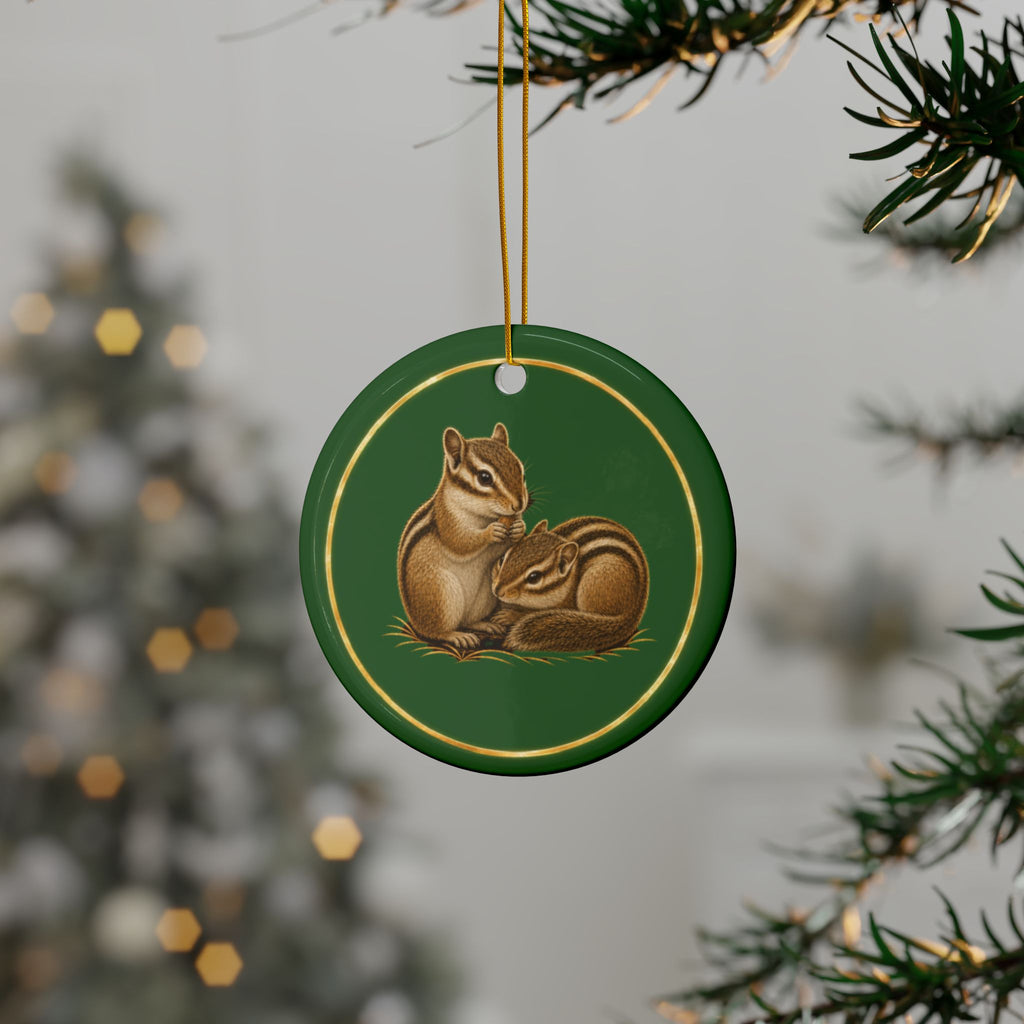 Chipmunks Ornament, Woodland Creatures Christmas Ornament, Green and Gold Ceramic Ornament, Chipmunk Gift