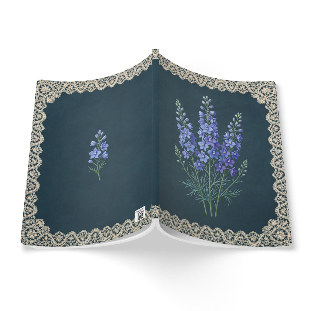 July birth flower journal with blue larkspur oil painting art and lace border on a teal cover, view 8