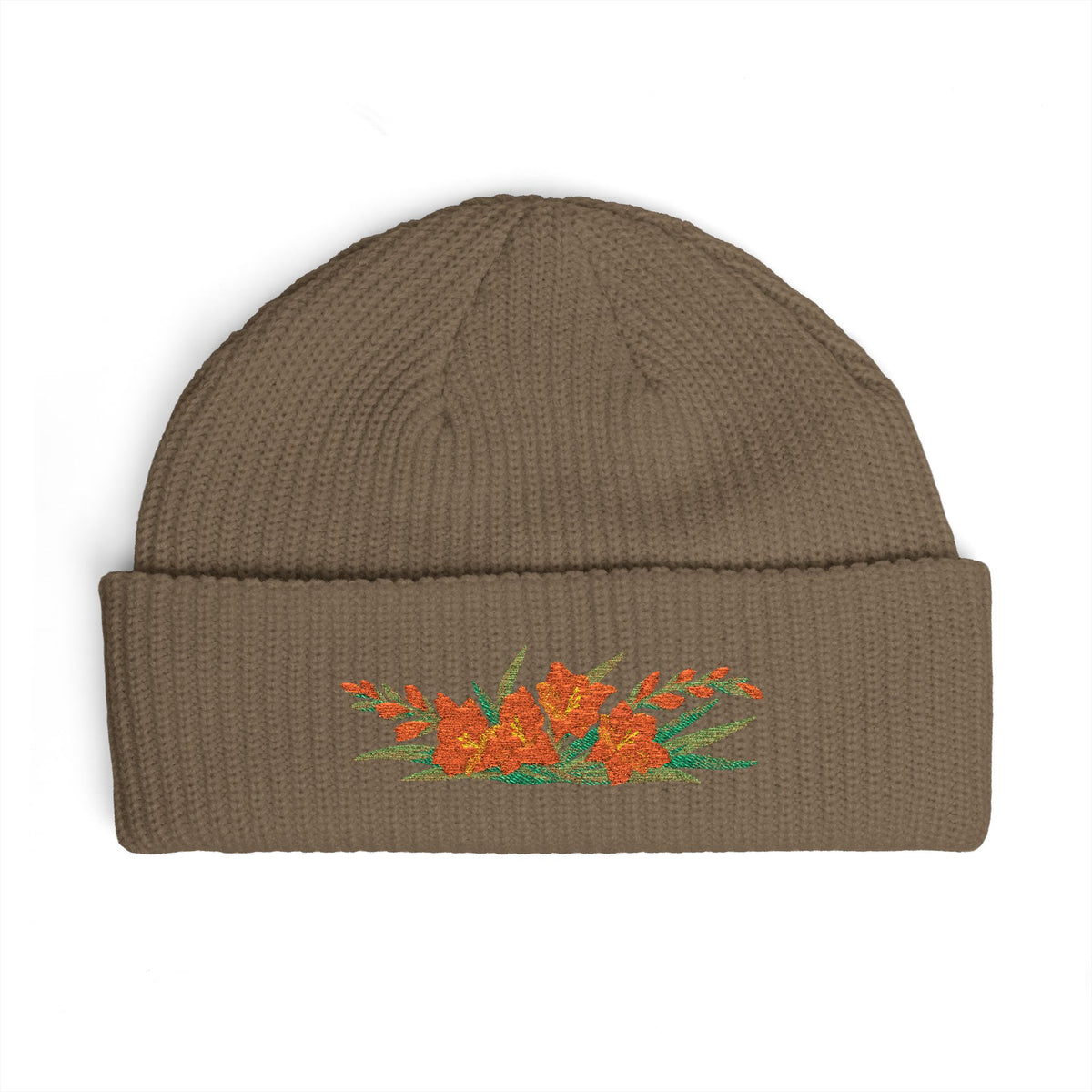 Cuffed knit beanie embroidered with the gladiolus, August birth flower, view 4