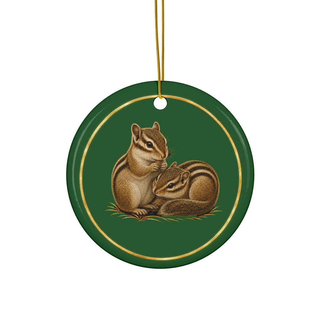 Chipmunks Ornament, Woodland Creatures Christmas Ornament, Green and Gold Ceramic Ornament, Chipmunk Gift