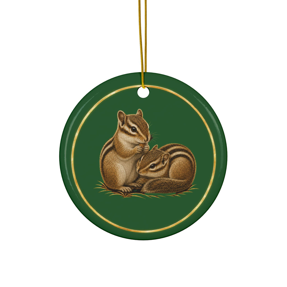 Chipmunks Ornament, Woodland Creatures Christmas Ornament, Green and Gold Ceramic Ornament, Chipmunk Gift
