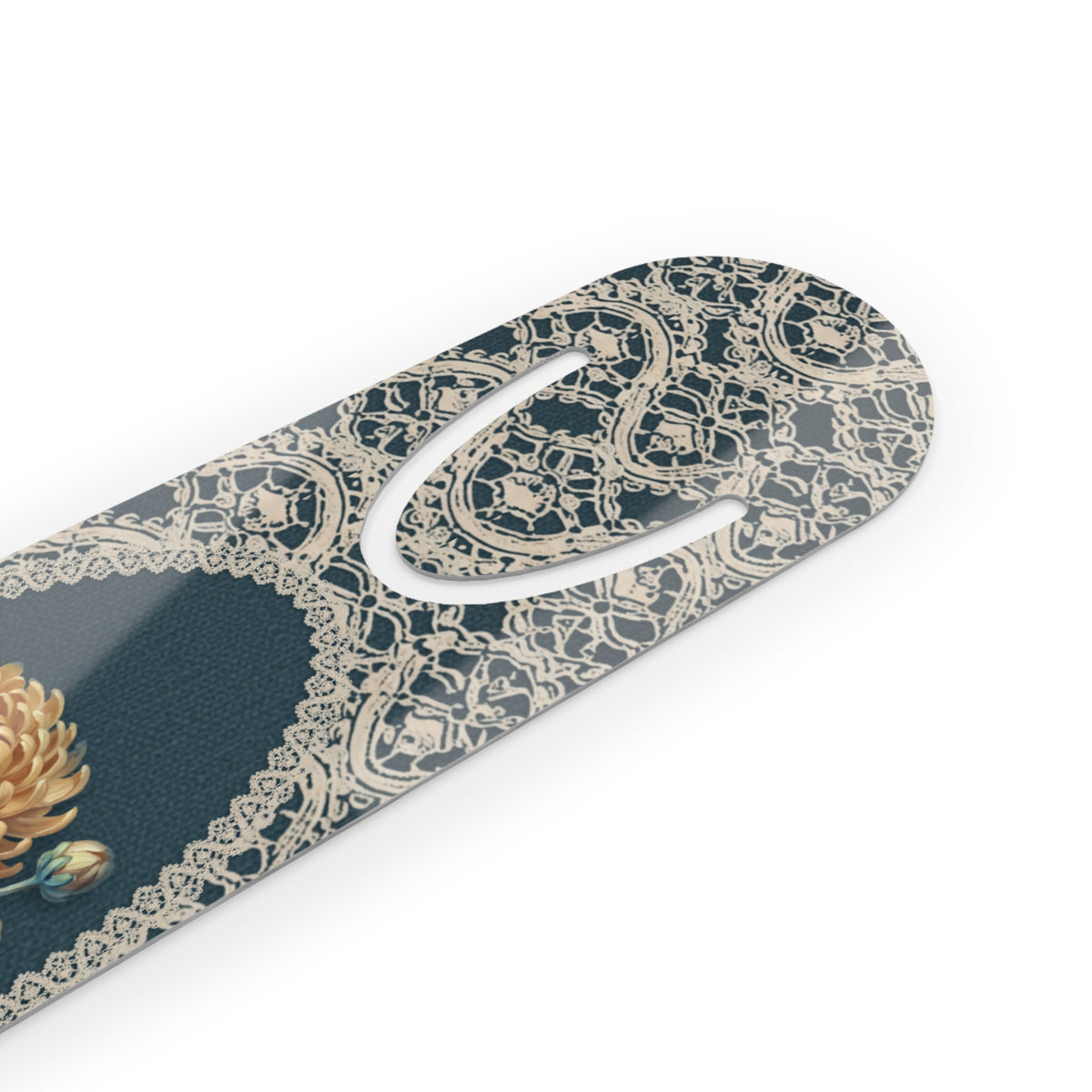 Metal bookmark with golden chrysanthemum, the November birth flower, in vintage lace floral art, view 3