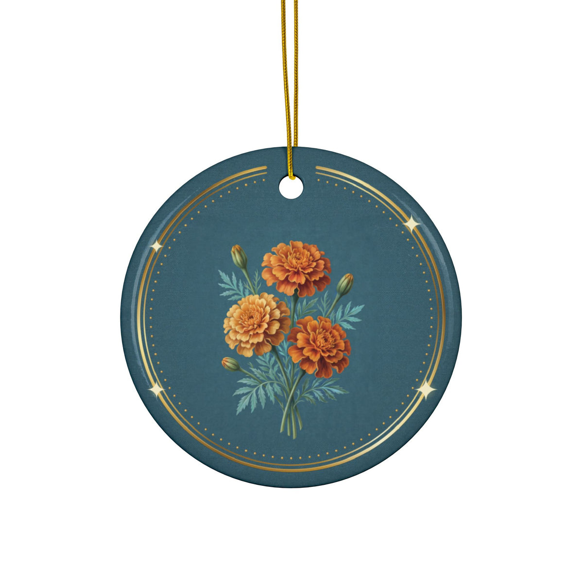 Personalized ceramic Christmas ornament with orange marigold, the October birth flower, view 3