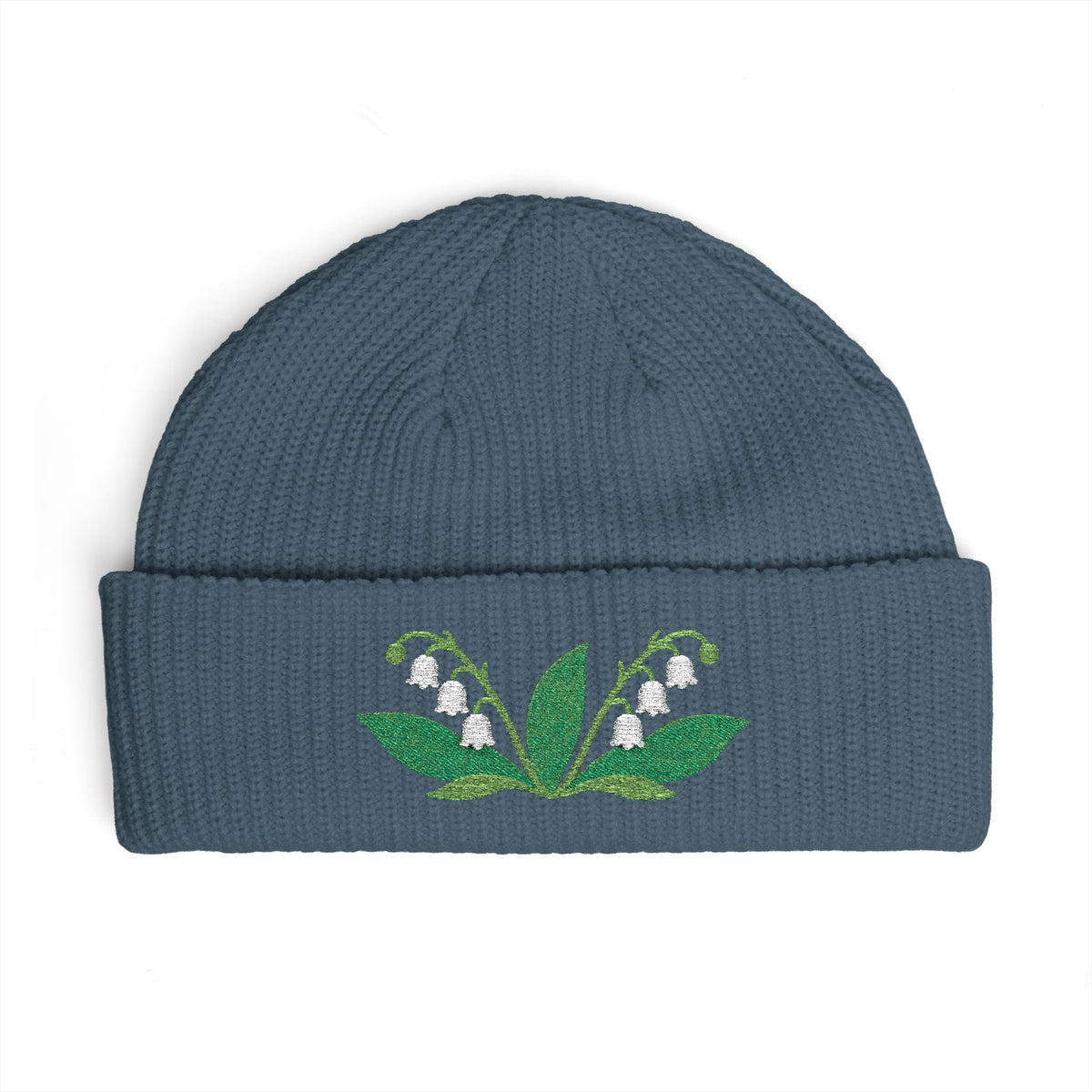 Cuffed knit beanie embroidered with the lily of the valley, May birth flower, view 6