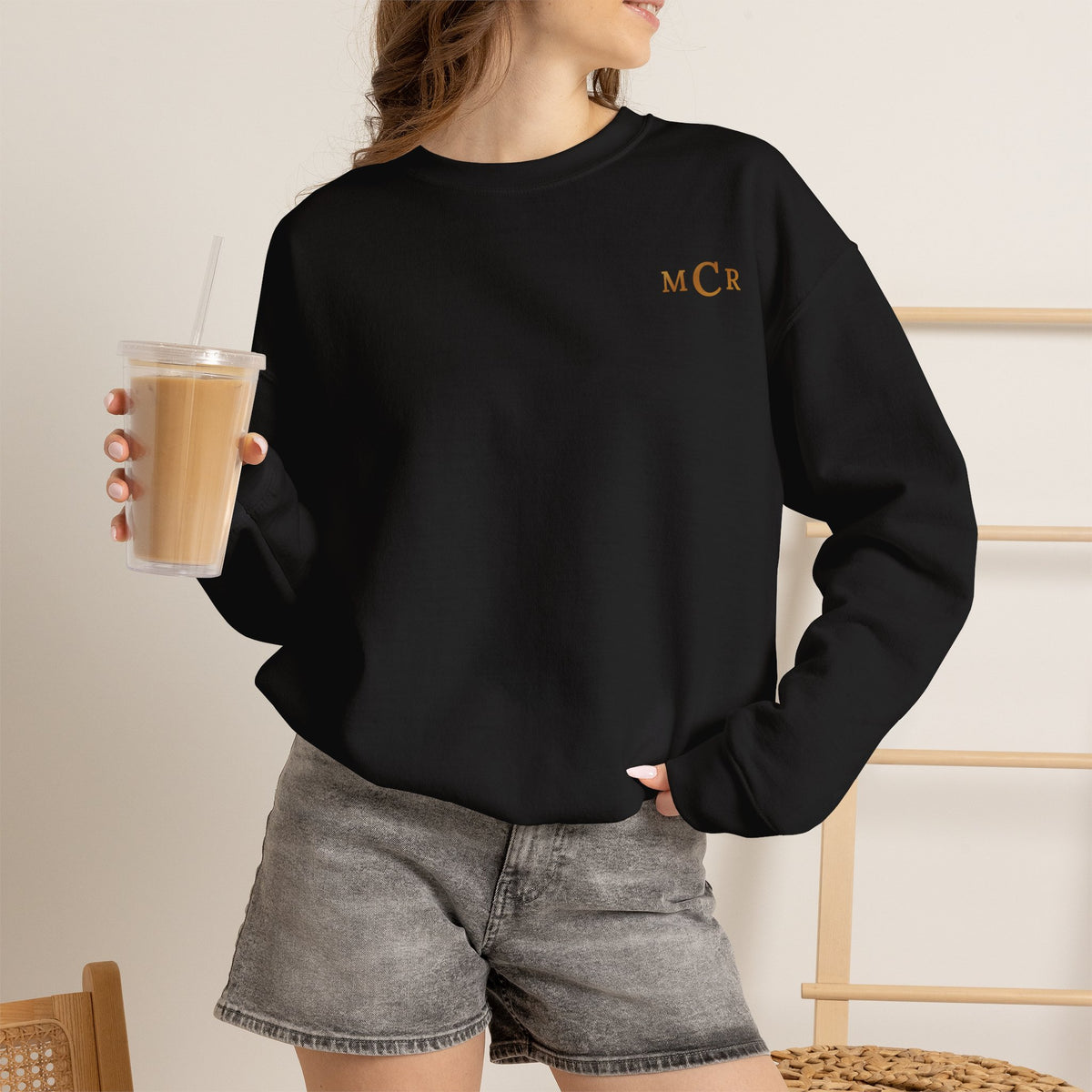 May birthstone sweatshirt with jeweled emerald luna moth brooch art and personalized monogram, view 8
