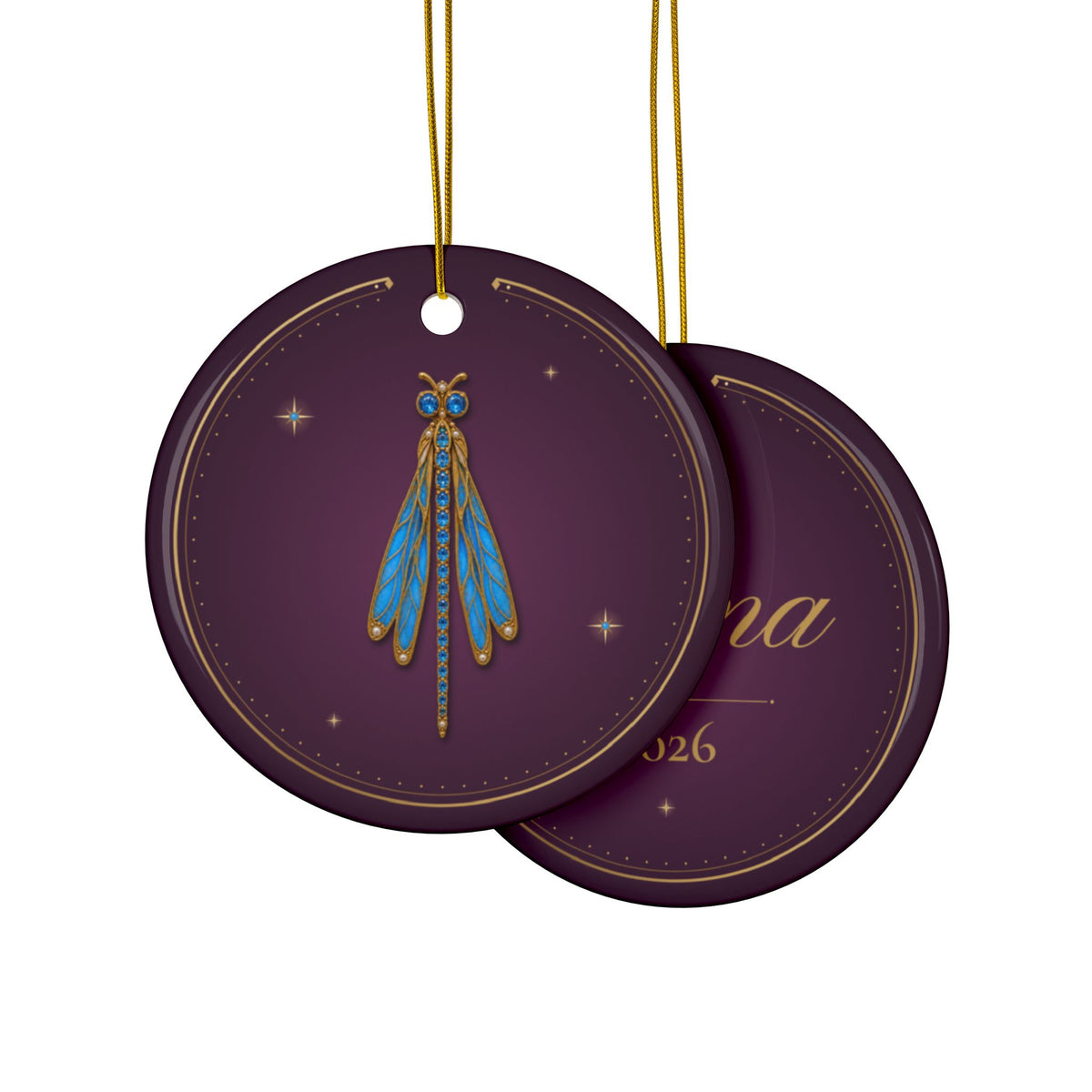 Personalized ceramic Christmas ornament with jeweled blue topaz dragonfly, December birthstone, view 3