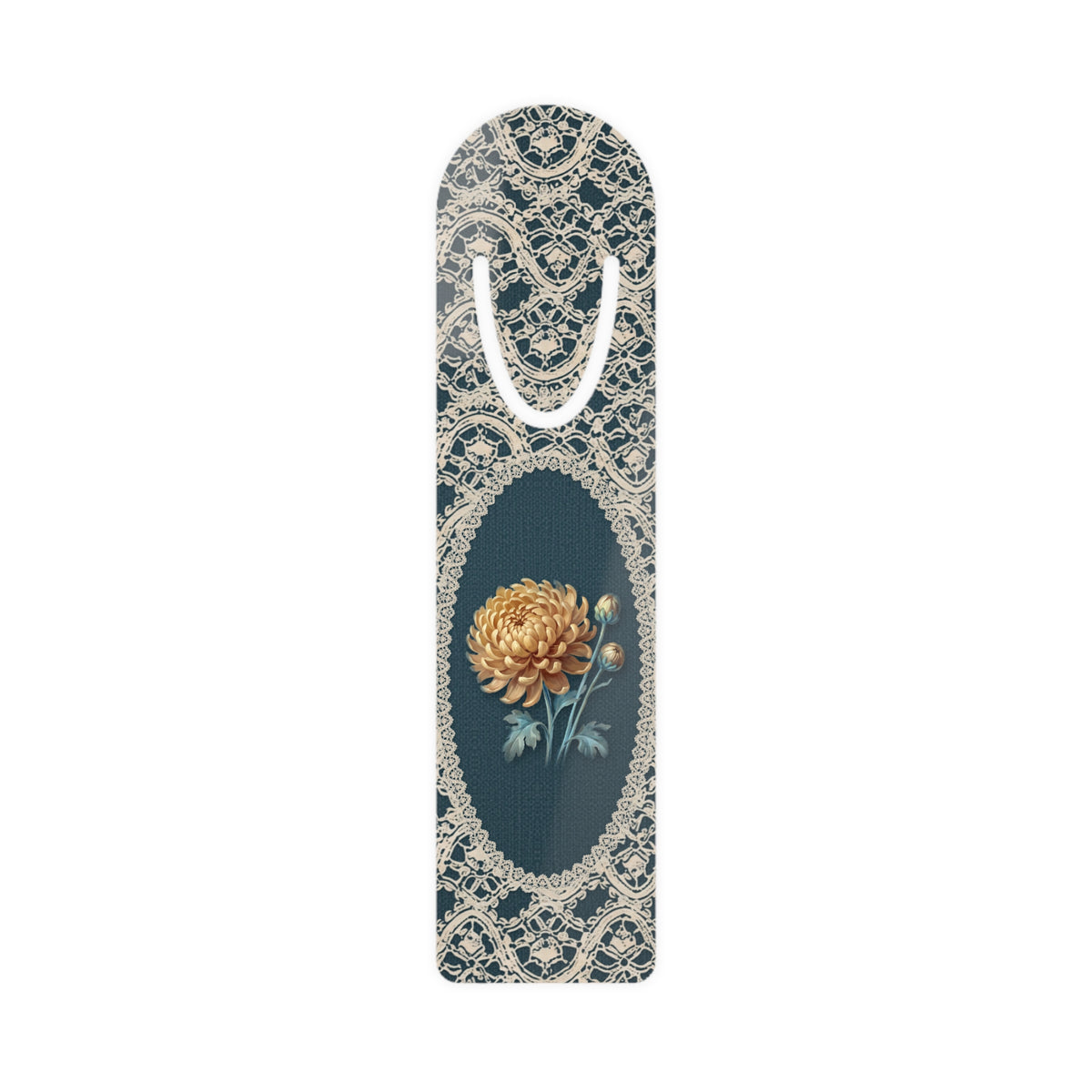 Metal bookmark with golden chrysanthemum, the November birth flower, in vintage lace floral art