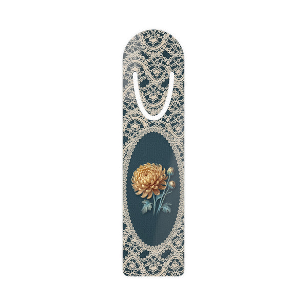 Metal bookmark with golden chrysanthemum, the November birth flower, in vintage lace floral art