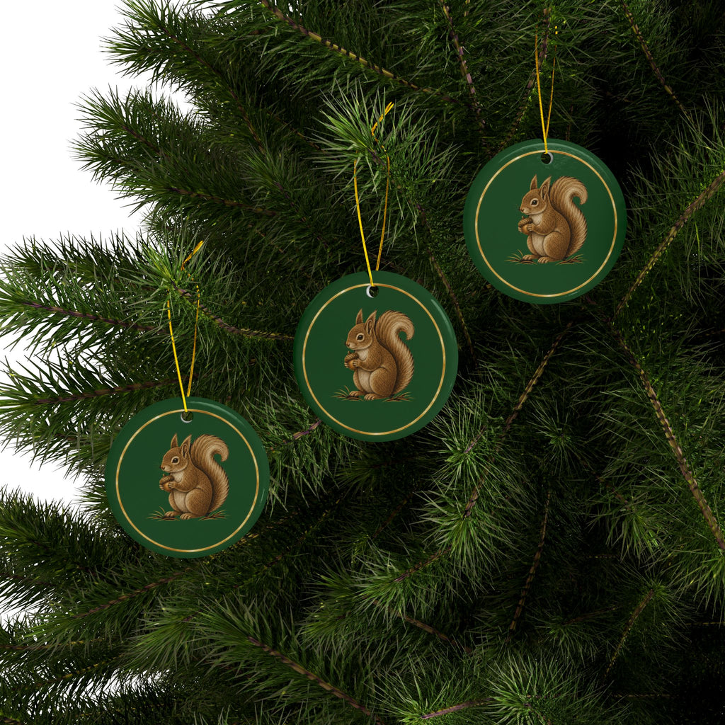 Squirrel Ornament, Woodland Creatures Christmas Ornament, Green and Gold Ceramic Ornament, Squirrel Gift