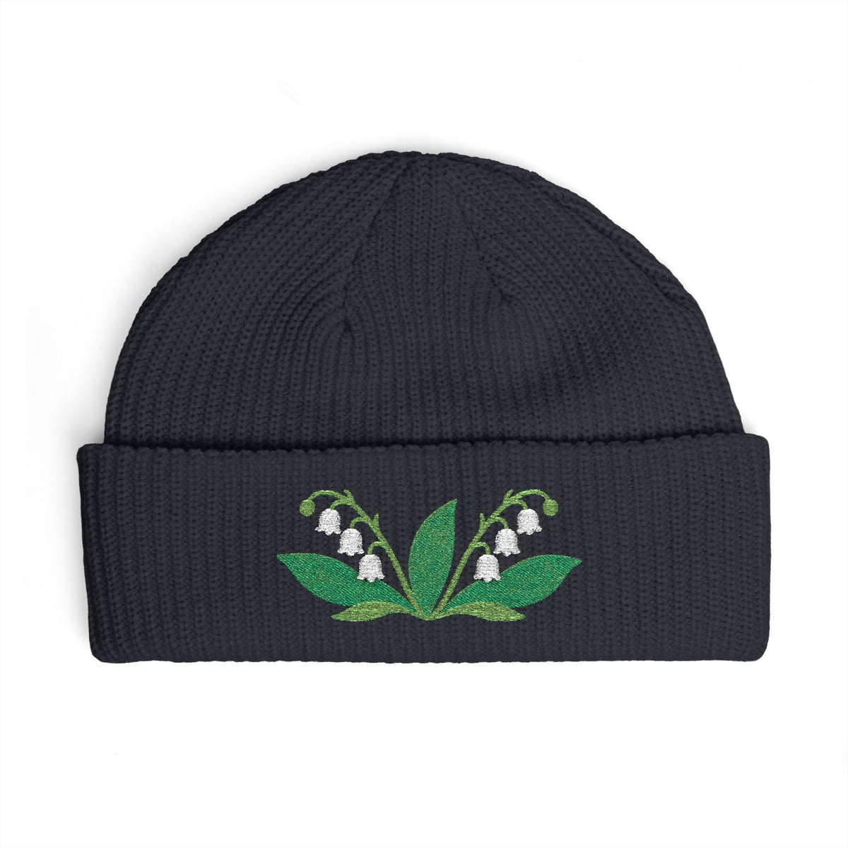 Cuffed knit beanie embroidered with the lily of the valley, May birth flower, view 7