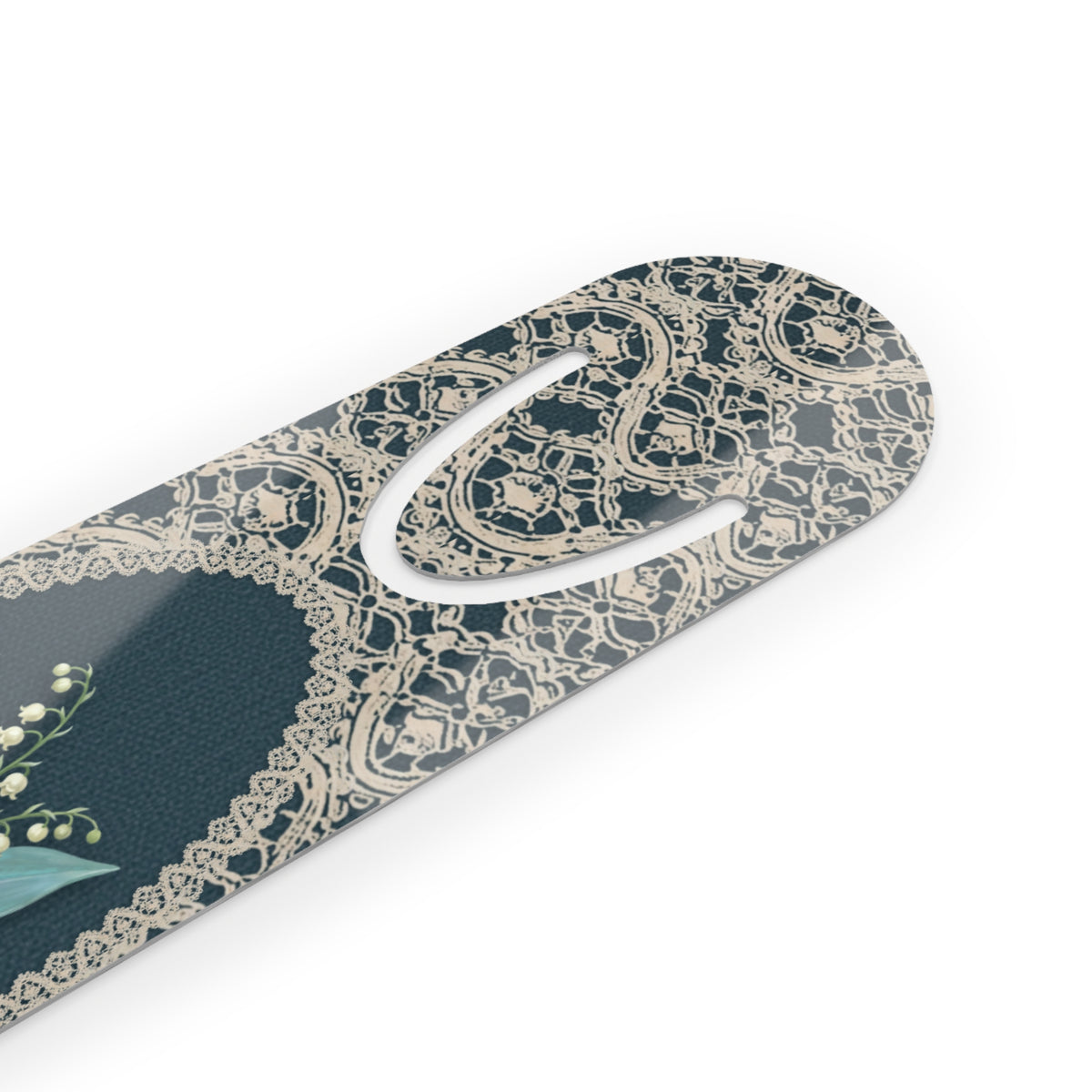 Metal bookmark with lily of the valley, the May birth flower, in vintage lace floral art, view 3