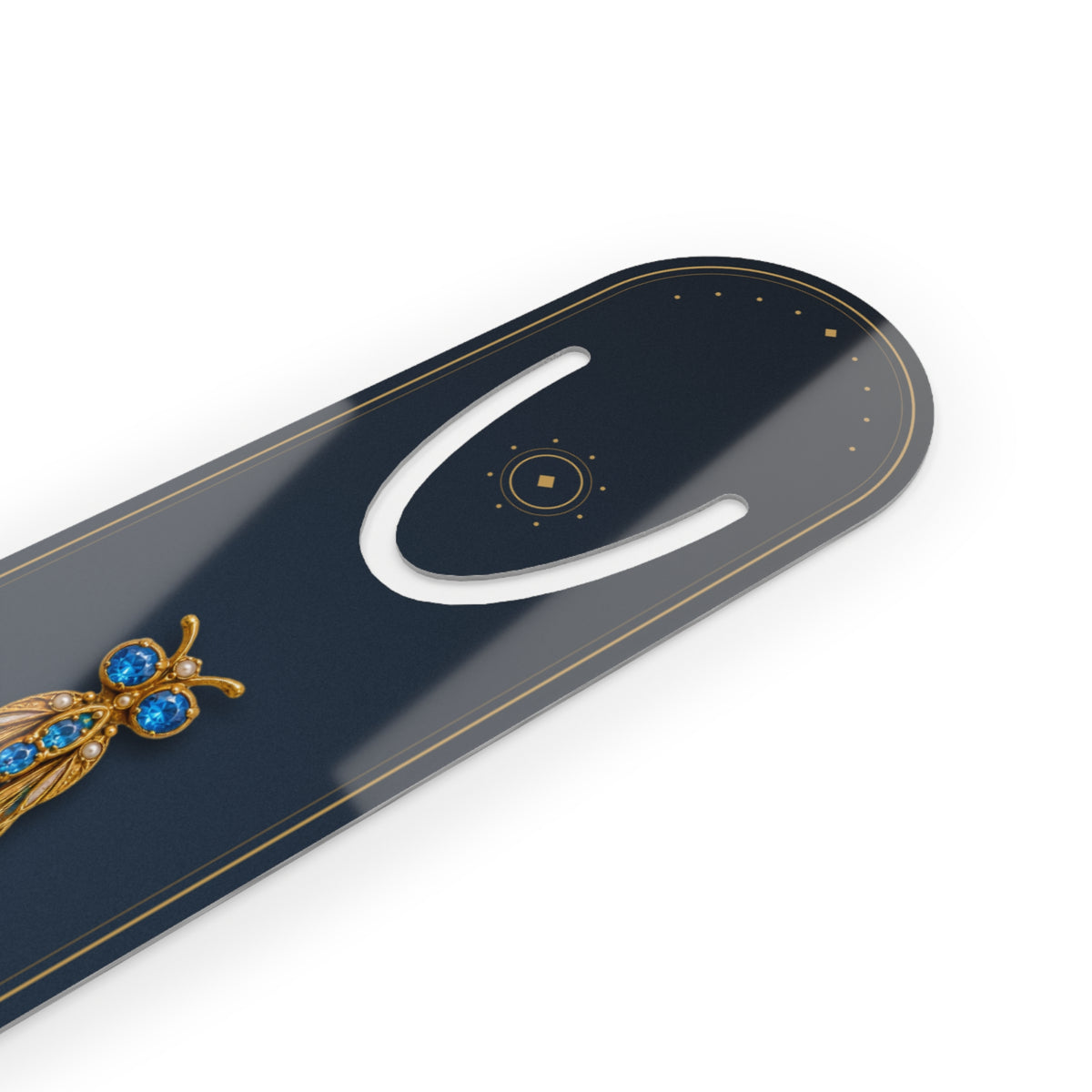 Metal bookmark with jeweled blue topaz dragonfly, the December birthstone, in vintage brooch style, view 3