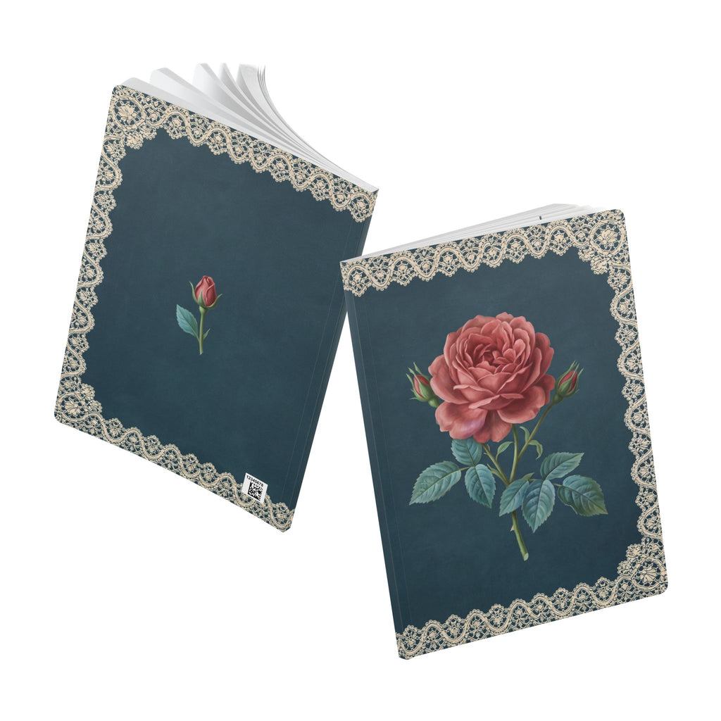 June birth flower journal with red rose oil painting art and lace border on a teal cover