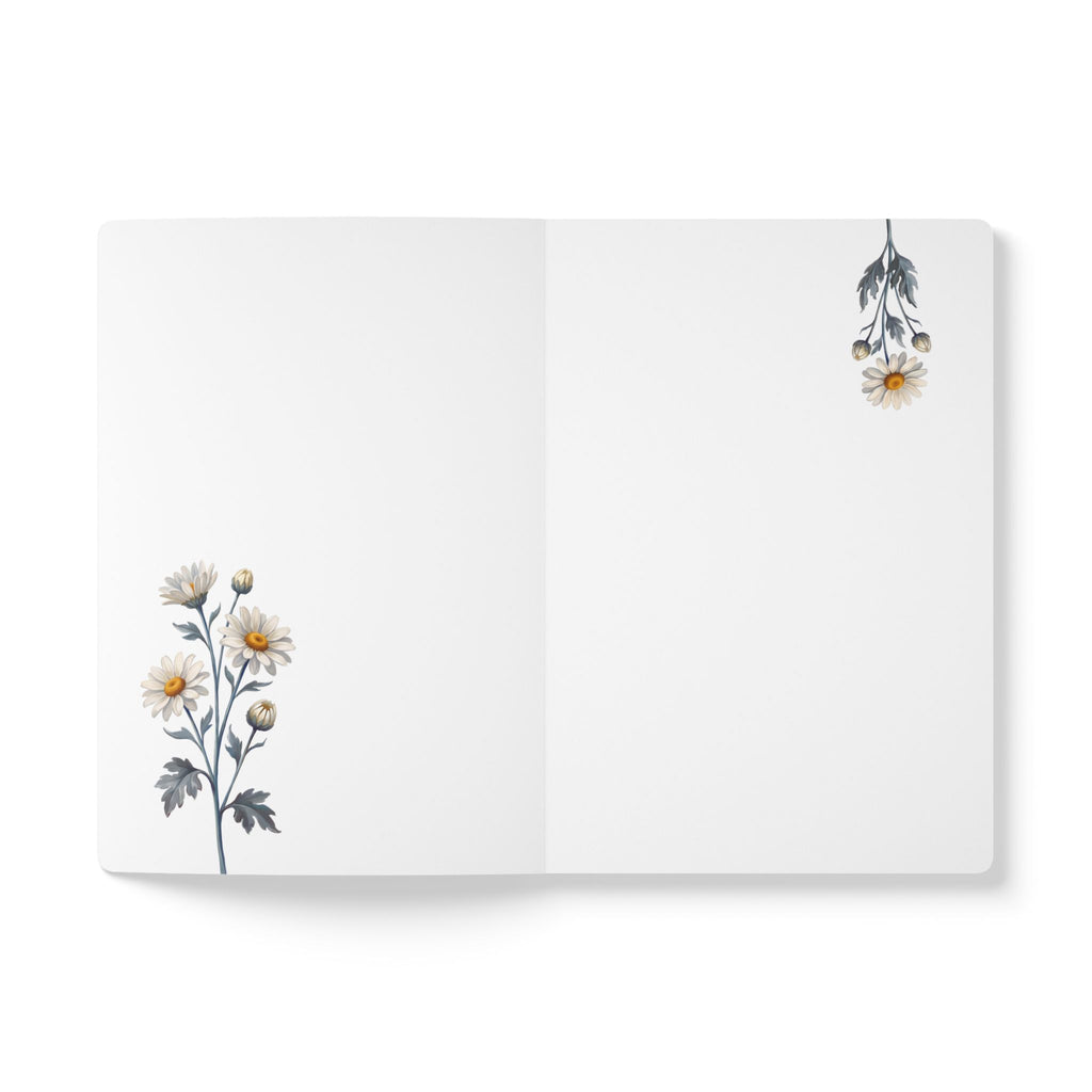April birth flower journal with white daisy oil painting art and lace border on a teal cover, view 5