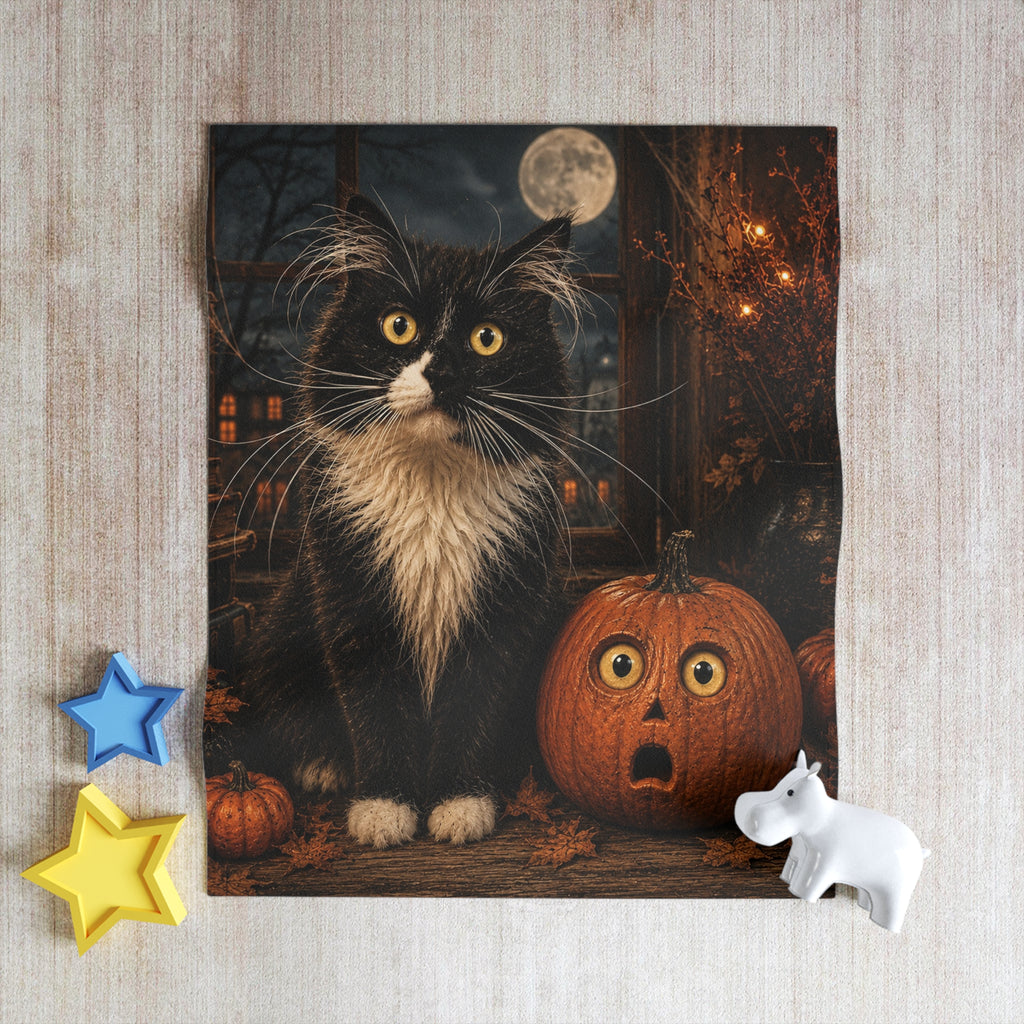 Halloween Cat Throw Blanket, Black Cat and Pumpkin Decor, Spooky Halloween Blanket, Cat Lover Gift