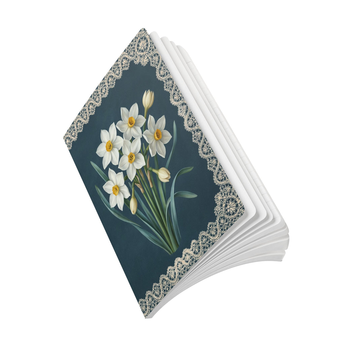 December birth flower journal with paperwhite narcissus oil painting art and lace border on a teal cover, view 10