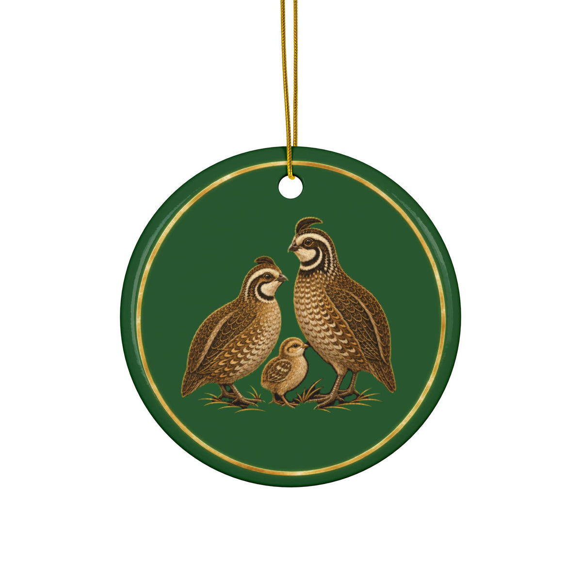 Quail Ornament, Woodland Creatures Christmas Ornament, Green and Gold Ceramic Ornament, Bird Hunter Gift