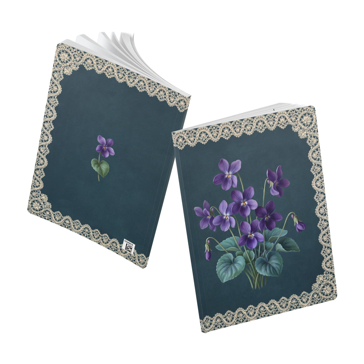 February birth flower journal with purple violet oil painting art and lace border on a teal cover