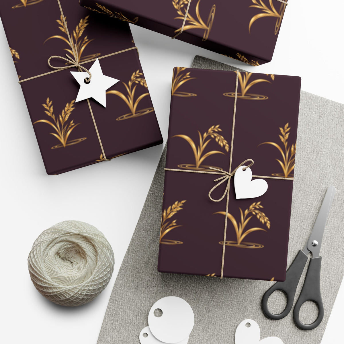 Elegant holiday wrapping paper with gold reeds and ducks on deep plum, view 7