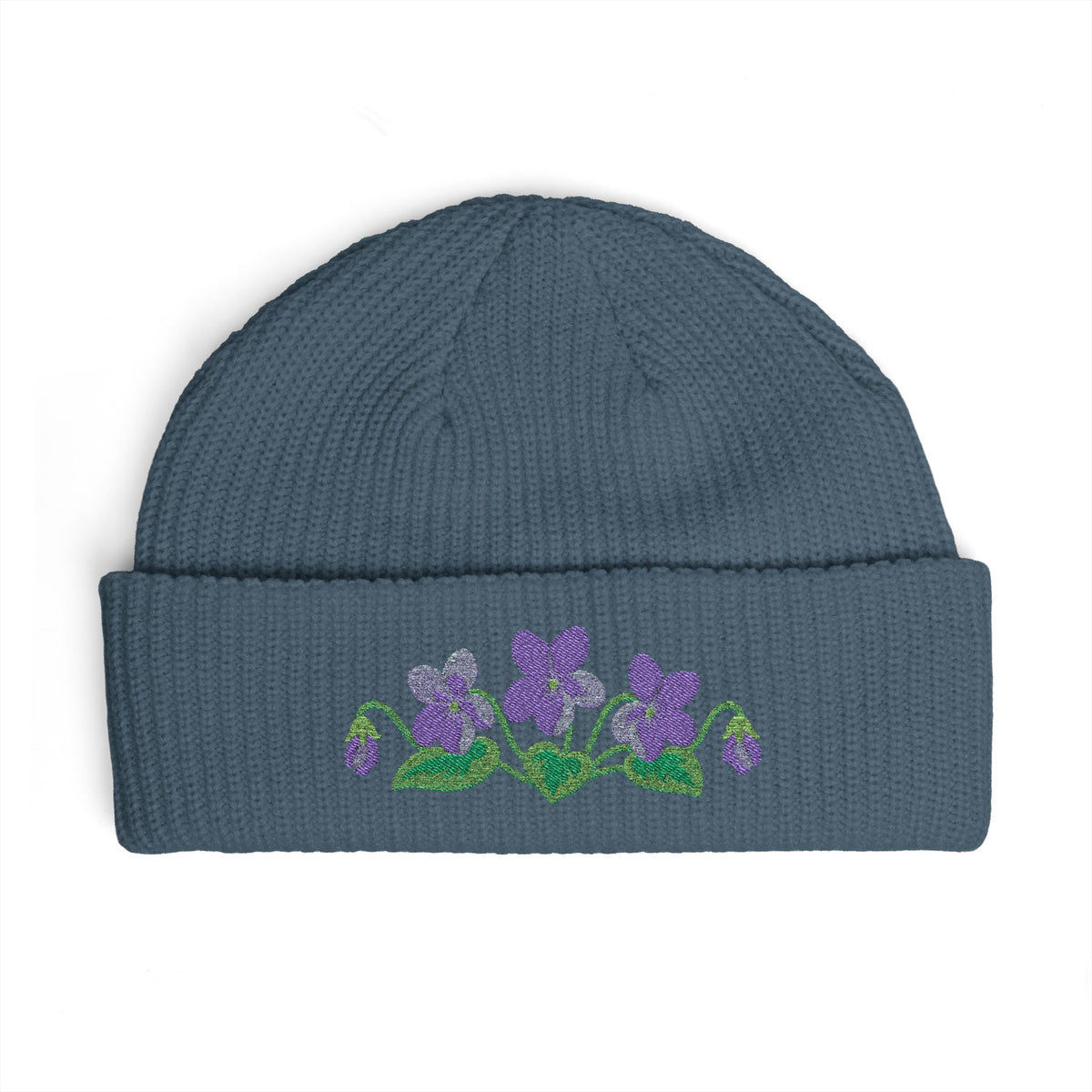 Cuffed knit beanie embroidered with the violet, February birth flower, view 6