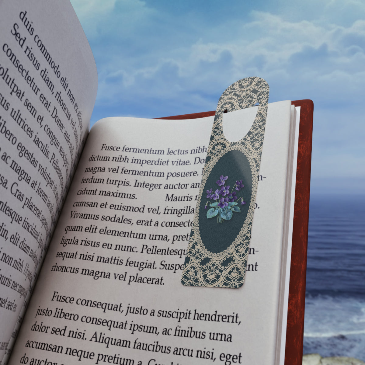 Metal bookmark with purple violet, the February birth flower, in vintage lace floral art, view 2