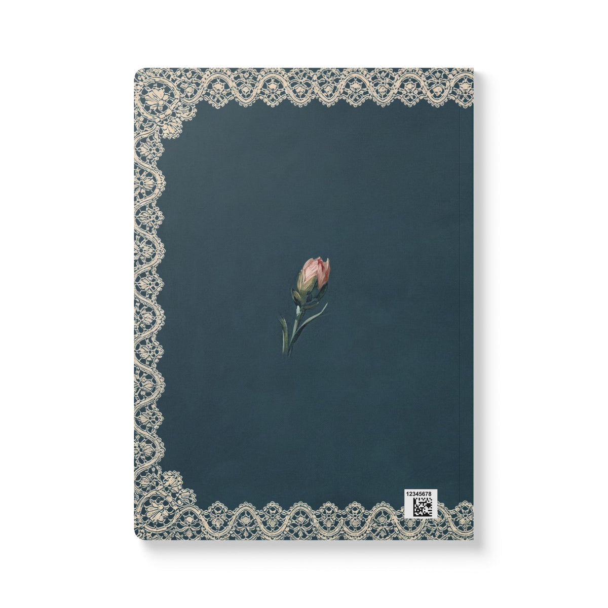 January birth flower journal with pink carnation oil painting art and lace border on a teal cover, view 3