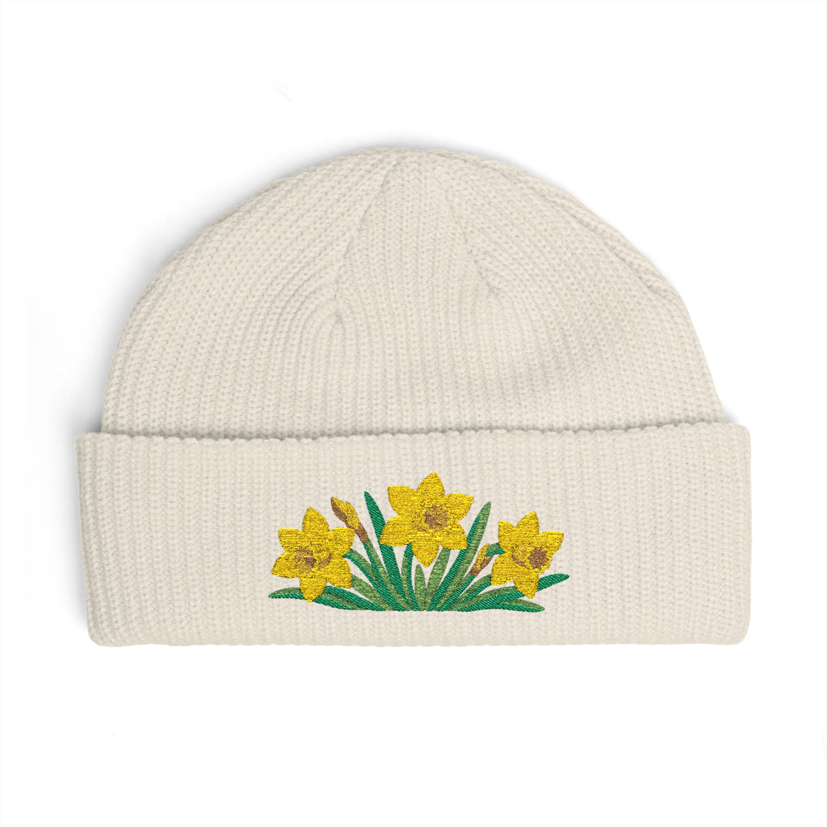 Cuffed knit beanie embroidered with the daffodil, March birth flower, view 3