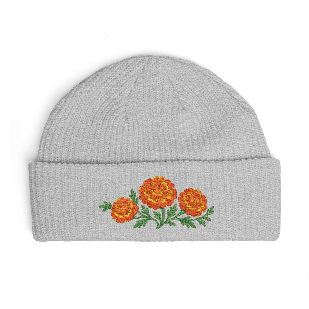 Cuffed knit beanie embroidered with the marigold, October birth flower, view 5