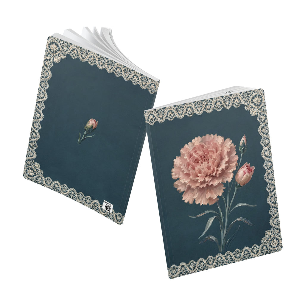 January birth flower journal with pink carnation oil painting art and lace border on a teal cover