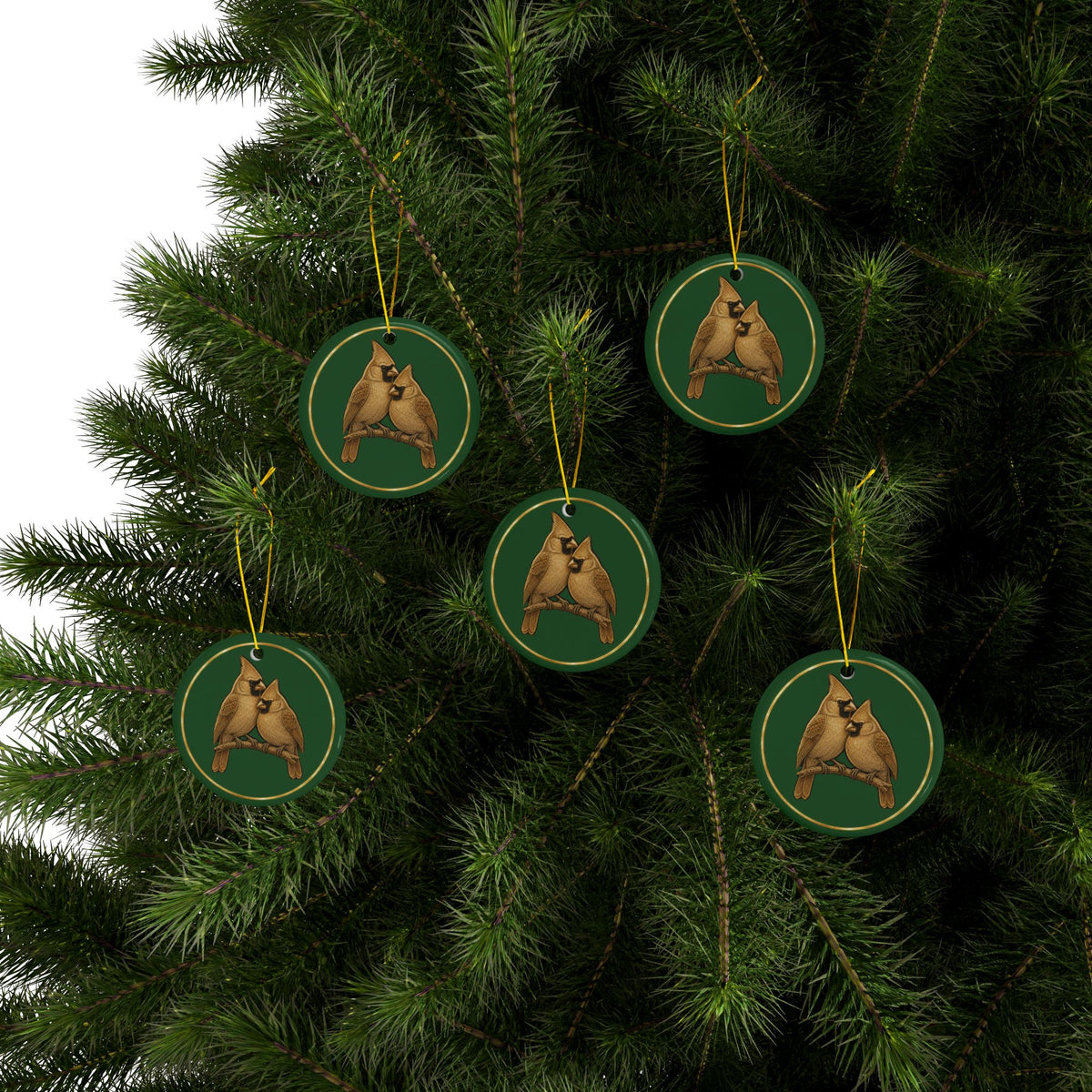 Cardinals Ornament, Woodland Creatures Christmas Ornament, Green and Gold Ceramic Ornament, Couples Gift