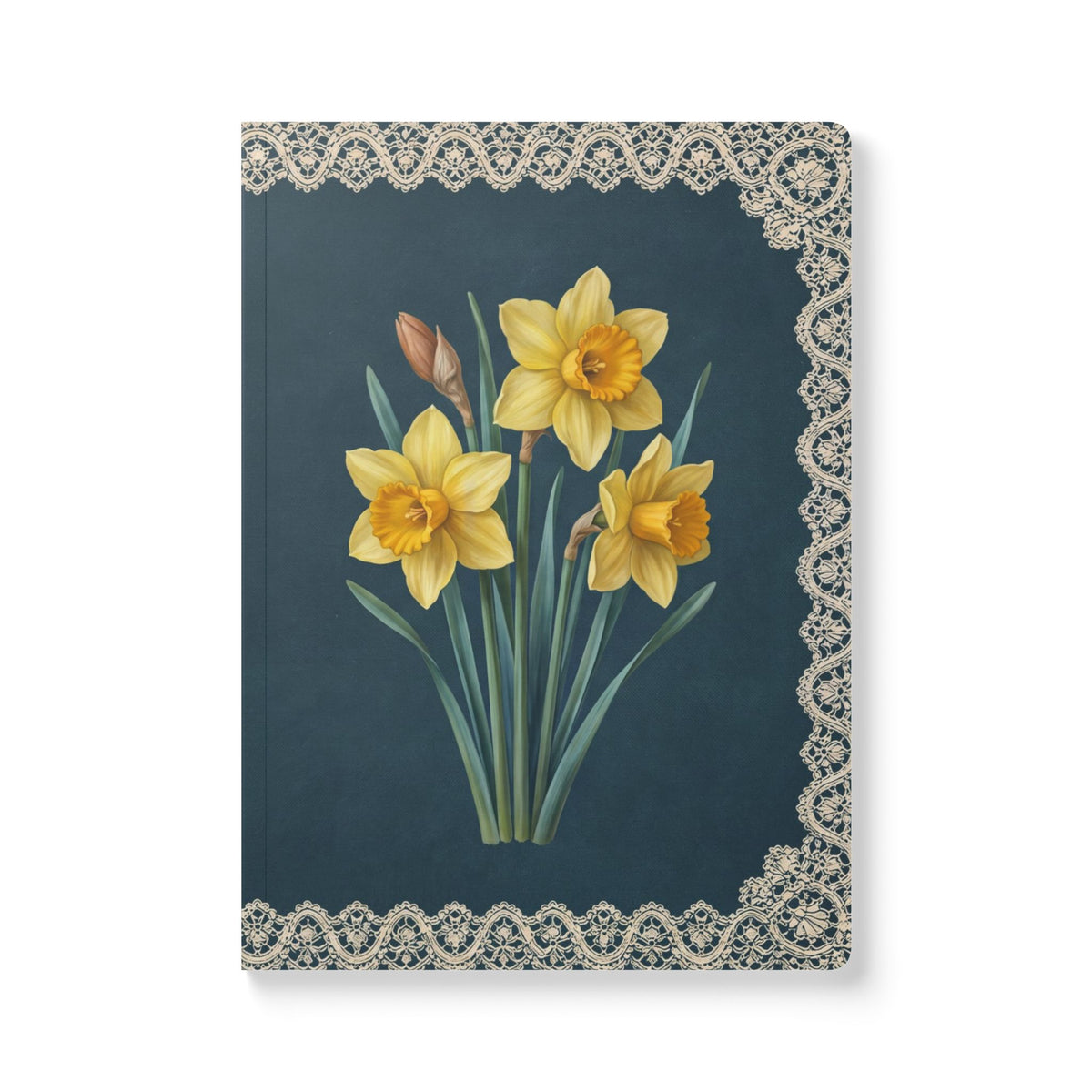 March birth flower journal with yellow daffodil oil painting art and lace border on a teal cover, view 2