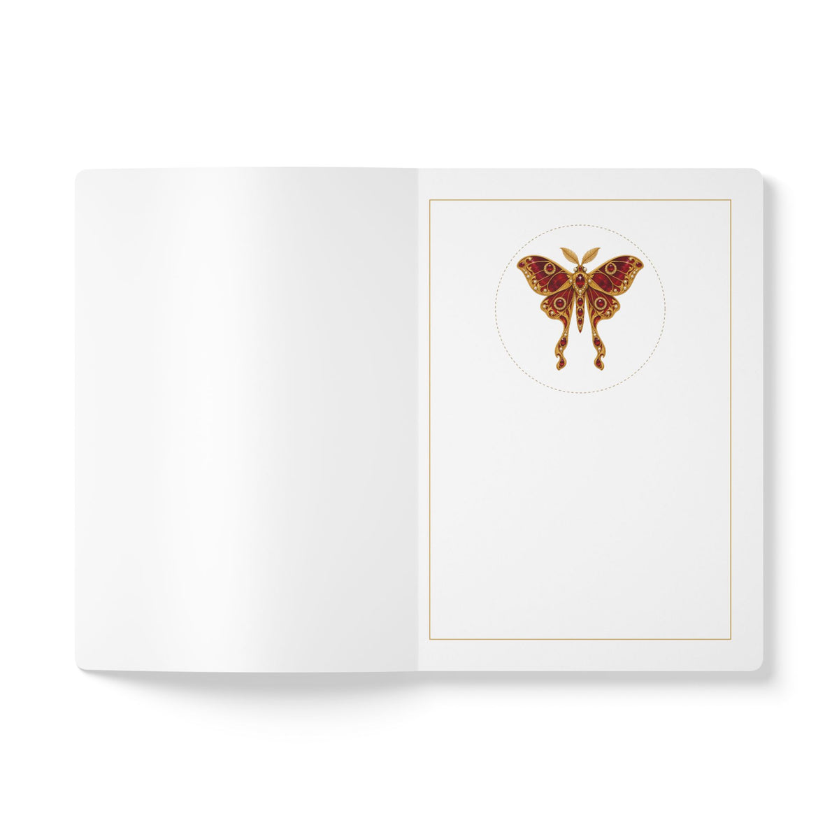 Jeweled ruby moth journal with vintage brooch art on a navy cover, July birthstone gift, view 4
