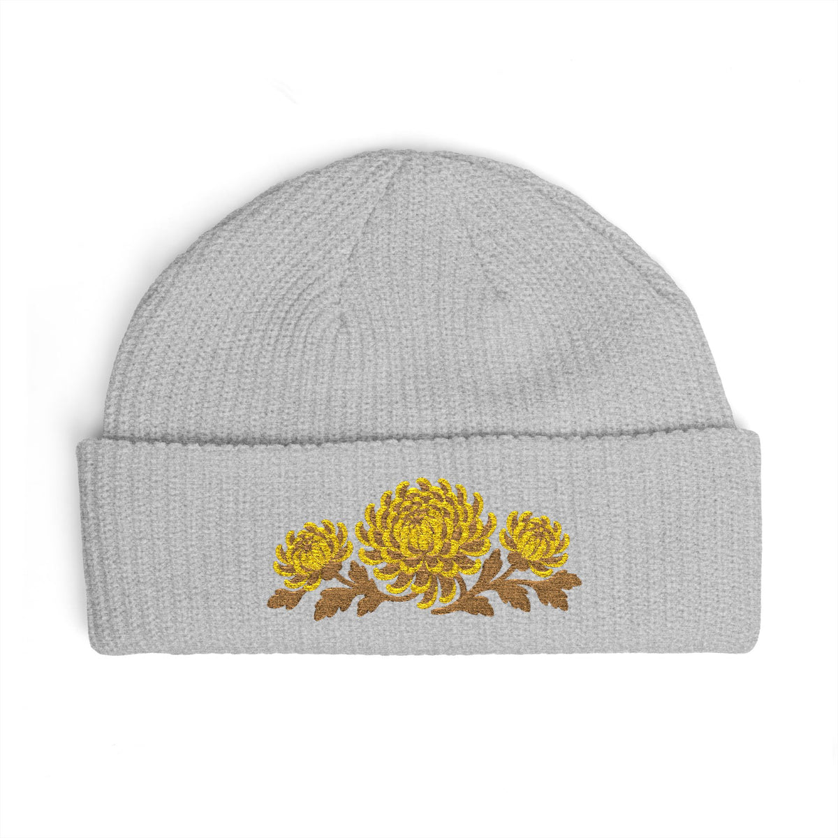 Cuffed knit beanie embroidered with the chrysanthemum, November birth flower, view 5