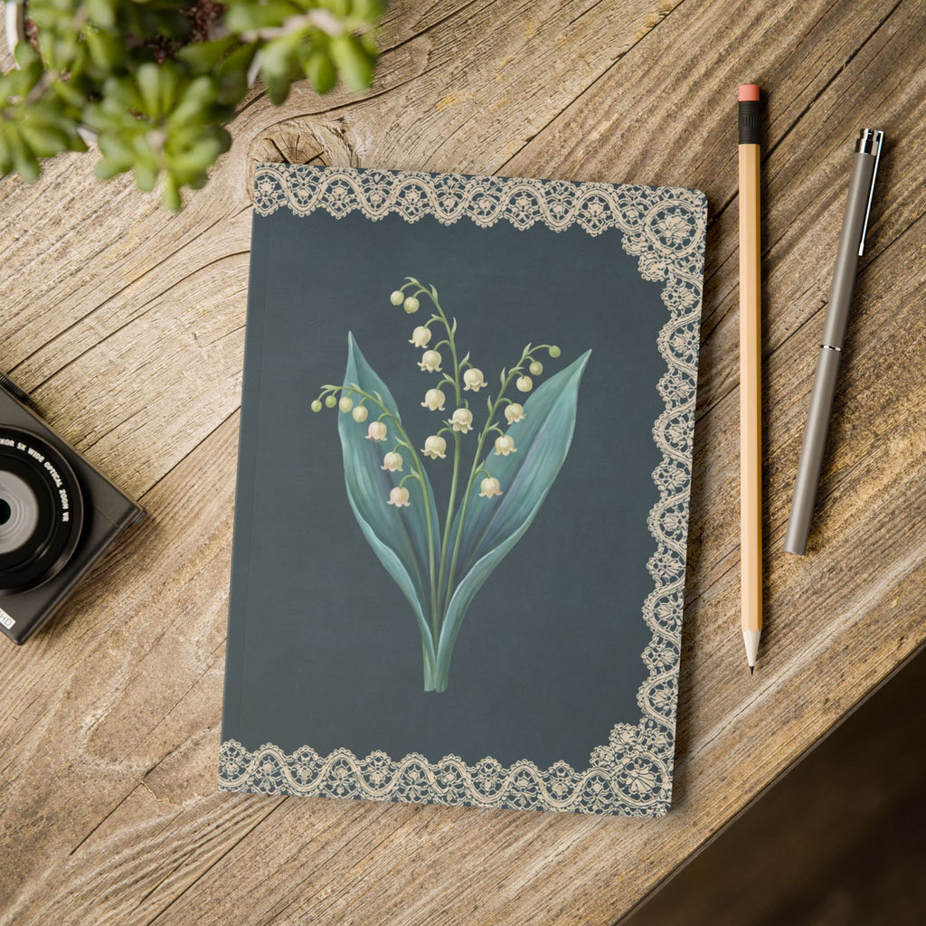 May birth flower journal with lily of the valley oil painting art and lace border on a teal cover, view 11