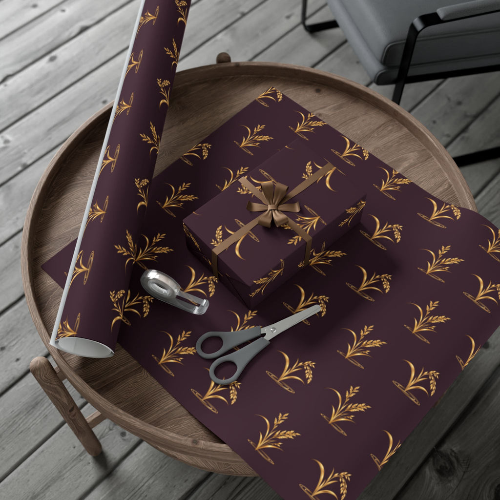 Elegant holiday wrapping paper with gold reeds and ducks on deep plum, view 6