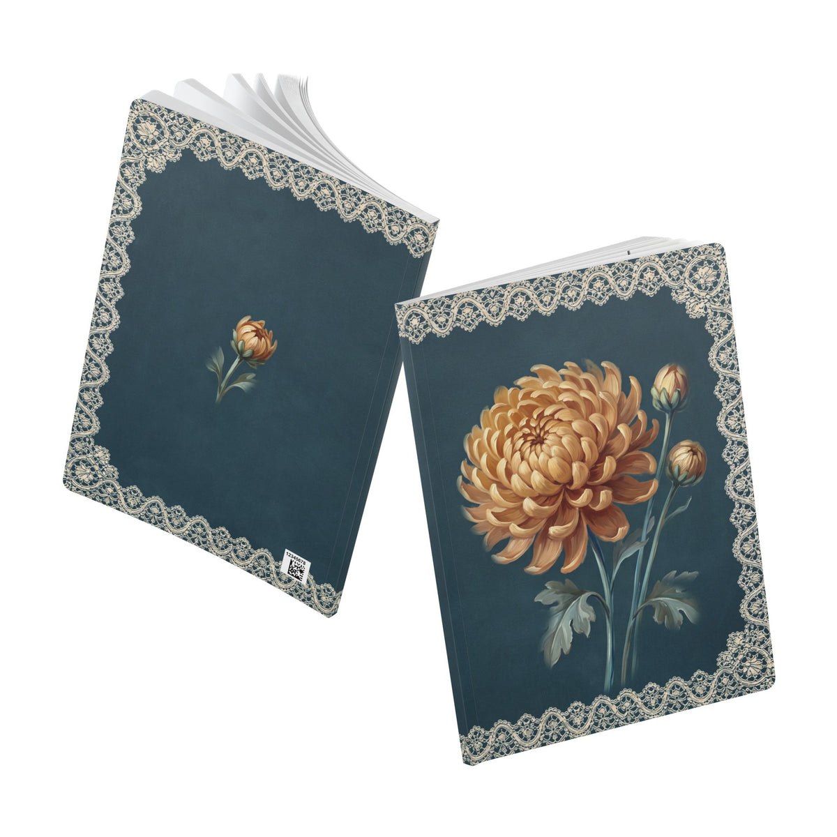 November birth flower journal with golden chrysanthemum oil painting art and lace border on a teal cover