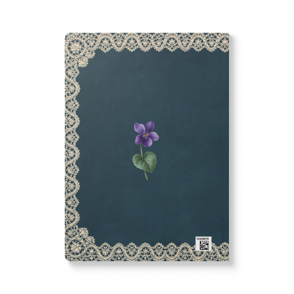 February birth flower journal with purple violet oil painting art and lace border on a teal cover, view 3
