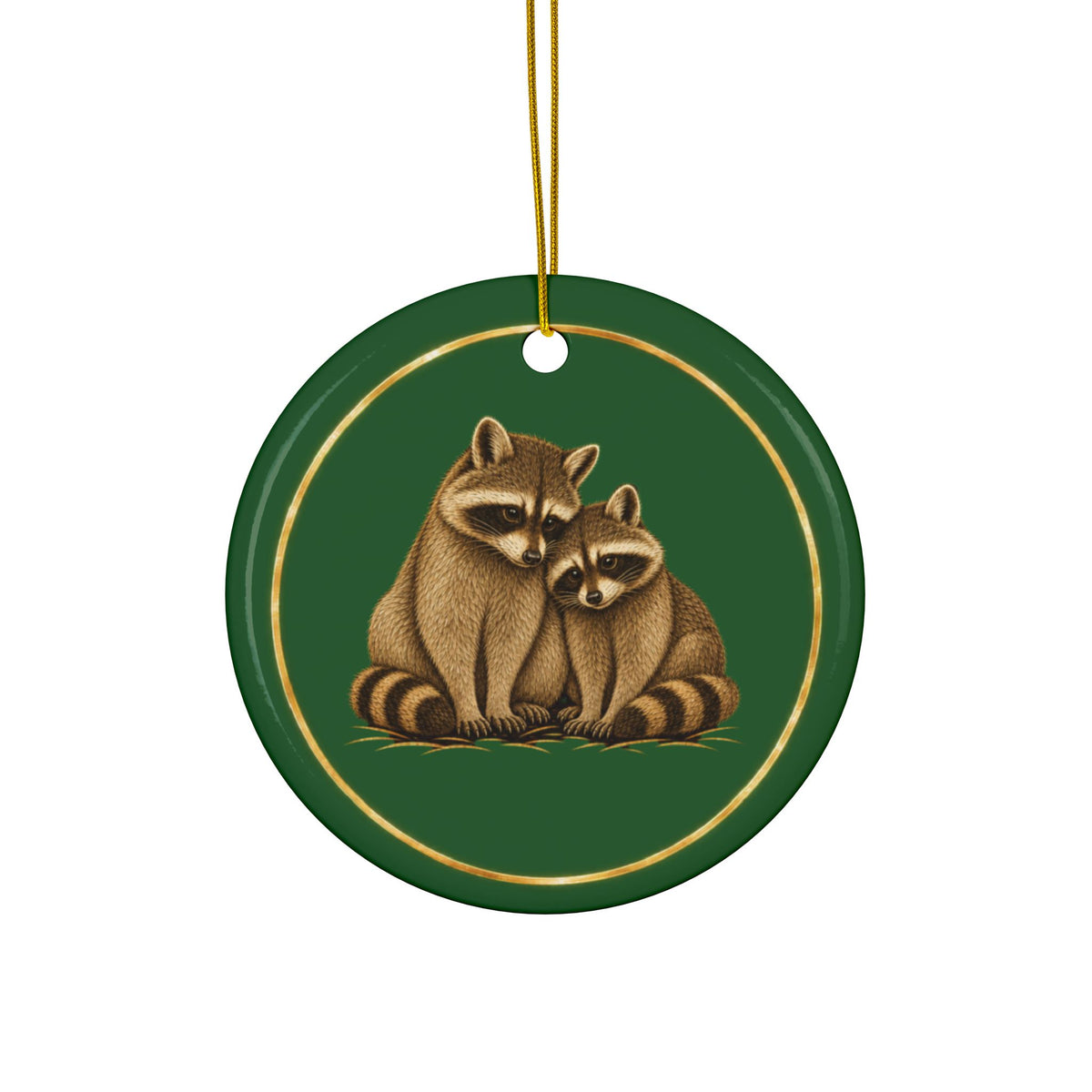 Raccoons Ornament, Woodland Creatures Christmas Ornament, Green and Gold Ceramic Ornament, Raccoon Gift