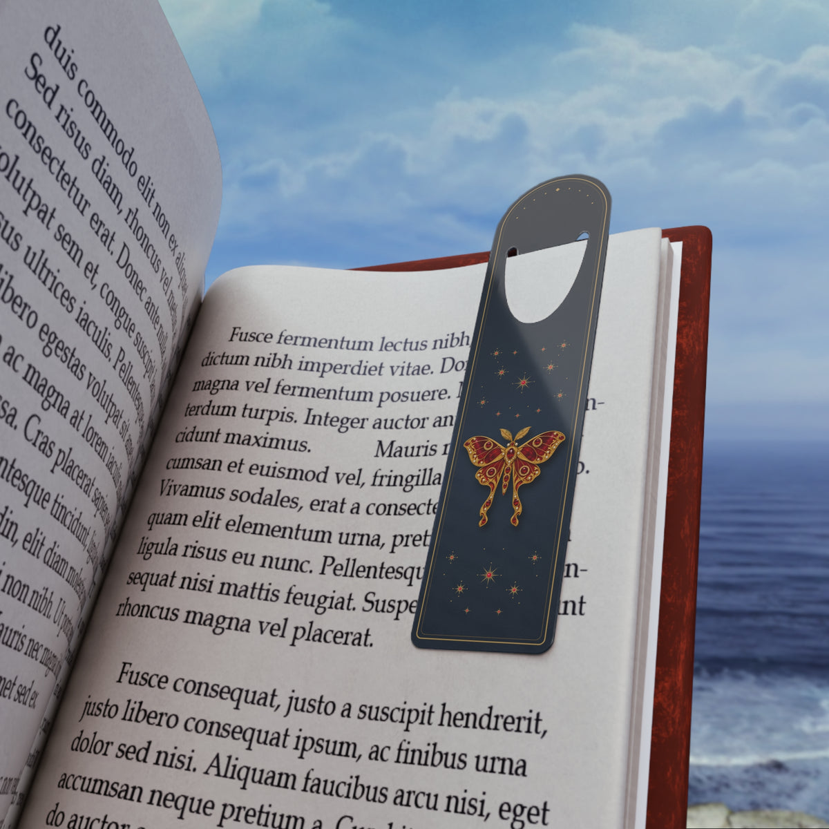 Metal bookmark with jeweled ruby moth, the July birthstone, in vintage brooch style, view 2