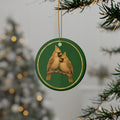 Cardinals Ornament, Woodland Creatures Christmas Ornament, Green and Gold Ceramic Ornament, Couples Gift