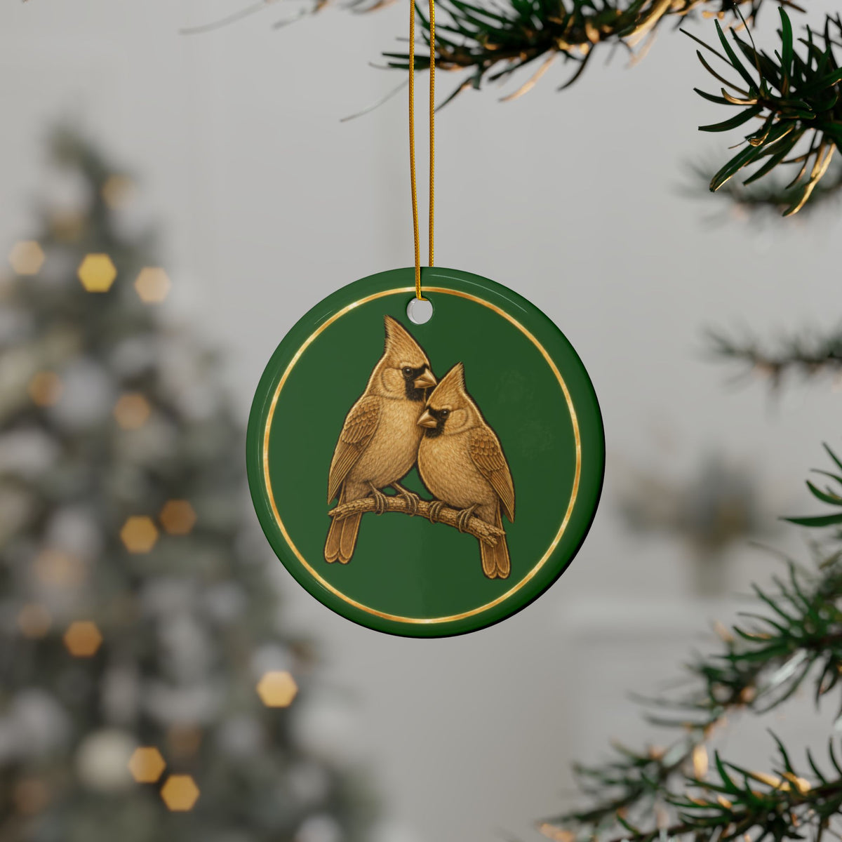 Cardinals Ornament, Woodland Creatures Christmas Ornament, Green and Gold Ceramic Ornament, Couples Gift