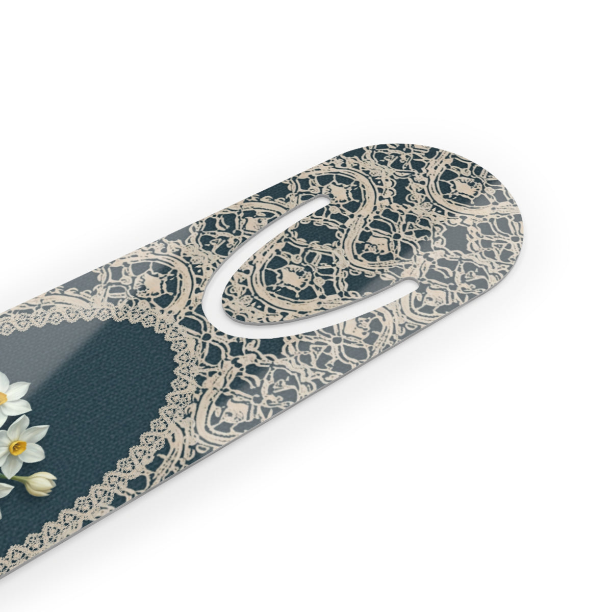 Metal bookmark with paperwhite narcissus, the December birth flower, in vintage lace floral art, view 3