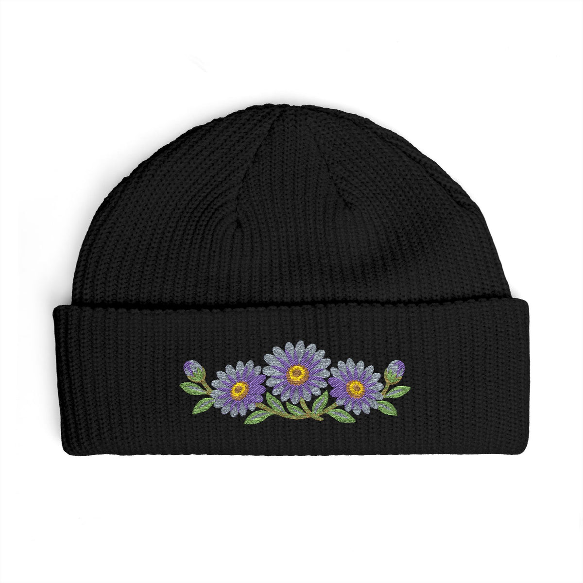 Cuffed knit beanie embroidered with the aster, September birth flower, view 2