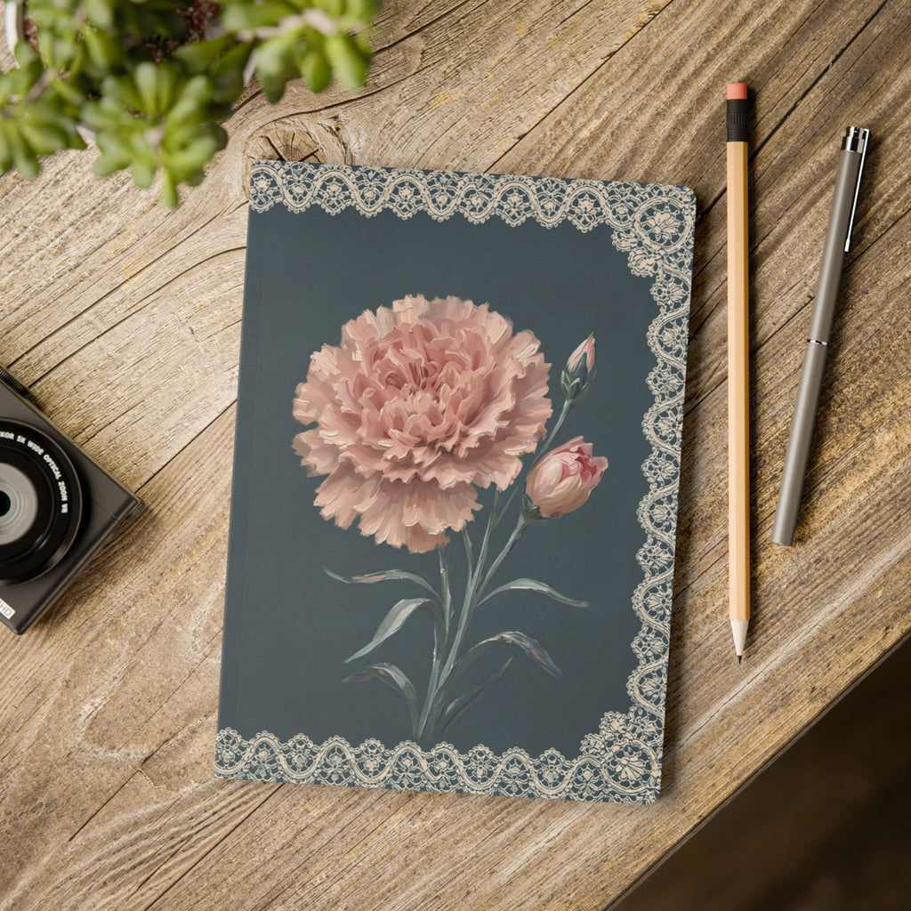 January birth flower journal with pink carnation oil painting art and lace border on a teal cover, view 11