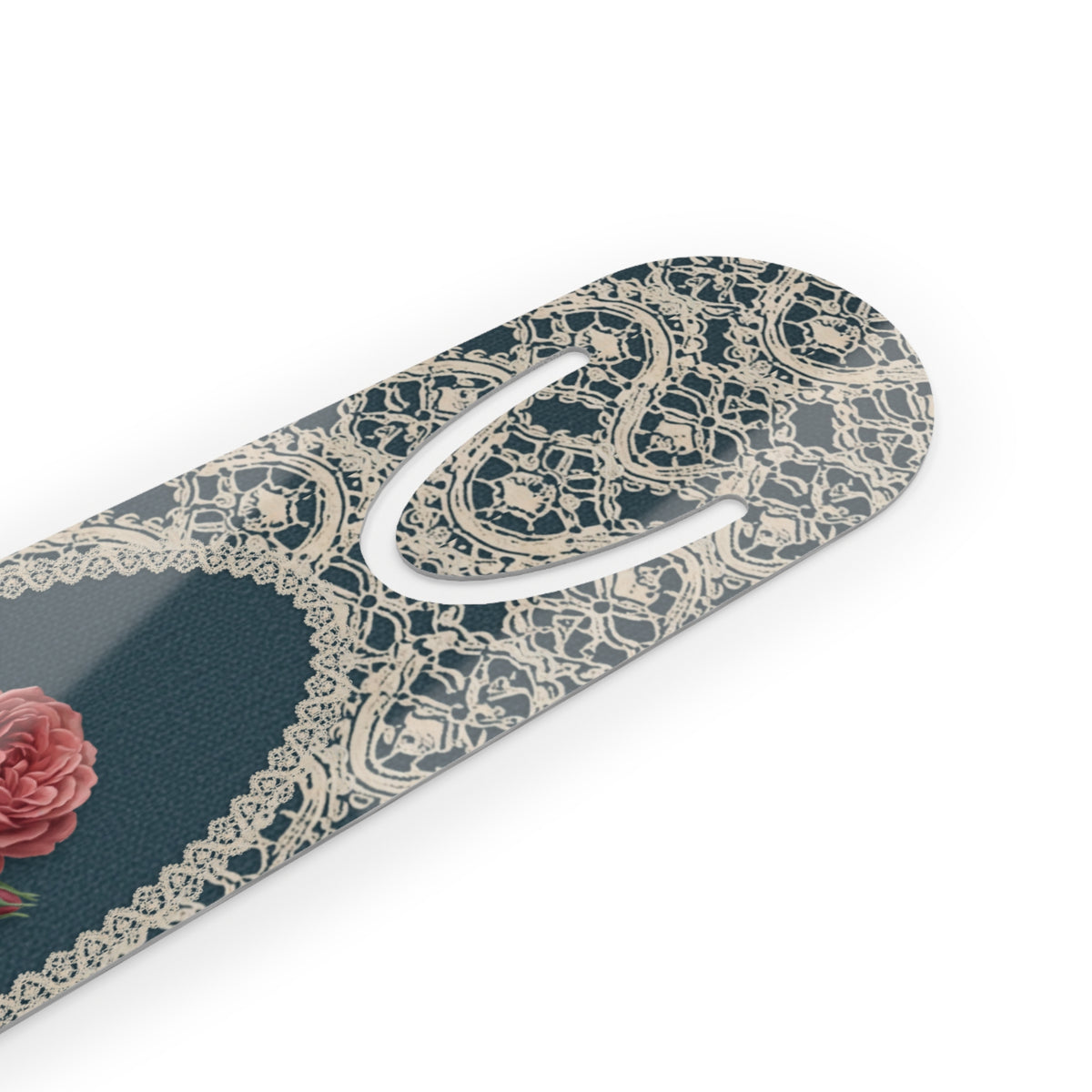 Metal bookmark with red rose, the June birth flower, in vintage lace floral art, view 3