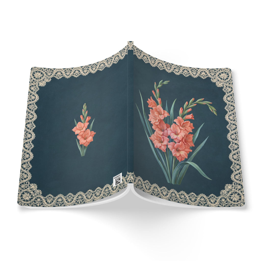 August birth flower journal with coral gladiolus oil painting art and lace border on a teal cover, view 8