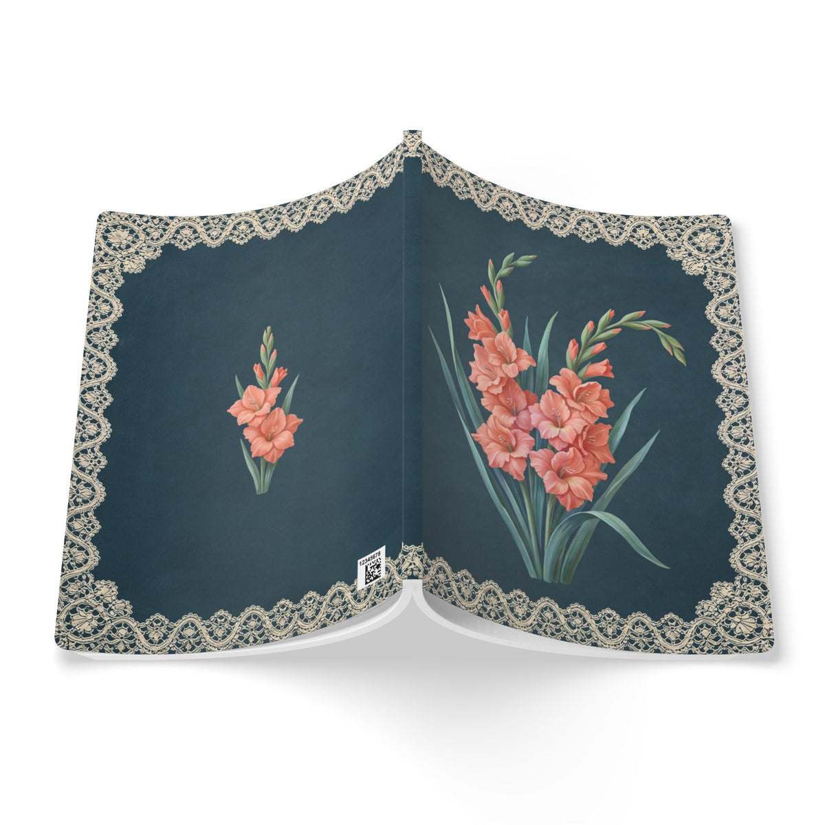 August birth flower journal with coral gladiolus oil painting art and lace border on a teal cover, view 8