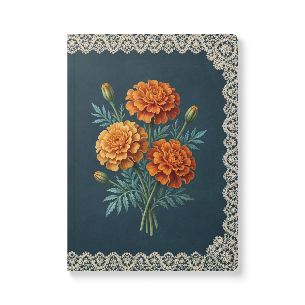 October birth flower journal with orange marigold oil painting art and lace border on a teal cover, view 2