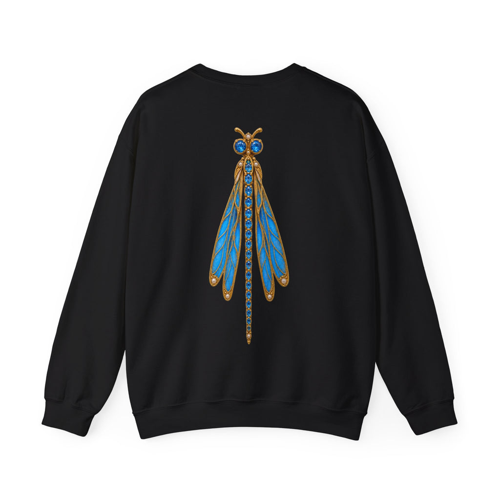 December birthstone sweatshirt with jeweled blue topaz dragonfly brooch art and personalized monogram, view 3